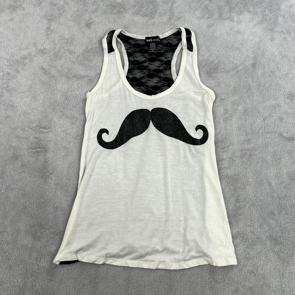 Vtg Y2K Wet Seal Mustache Graphic Lace Back Tank Top XS White Hipster Cami USA
